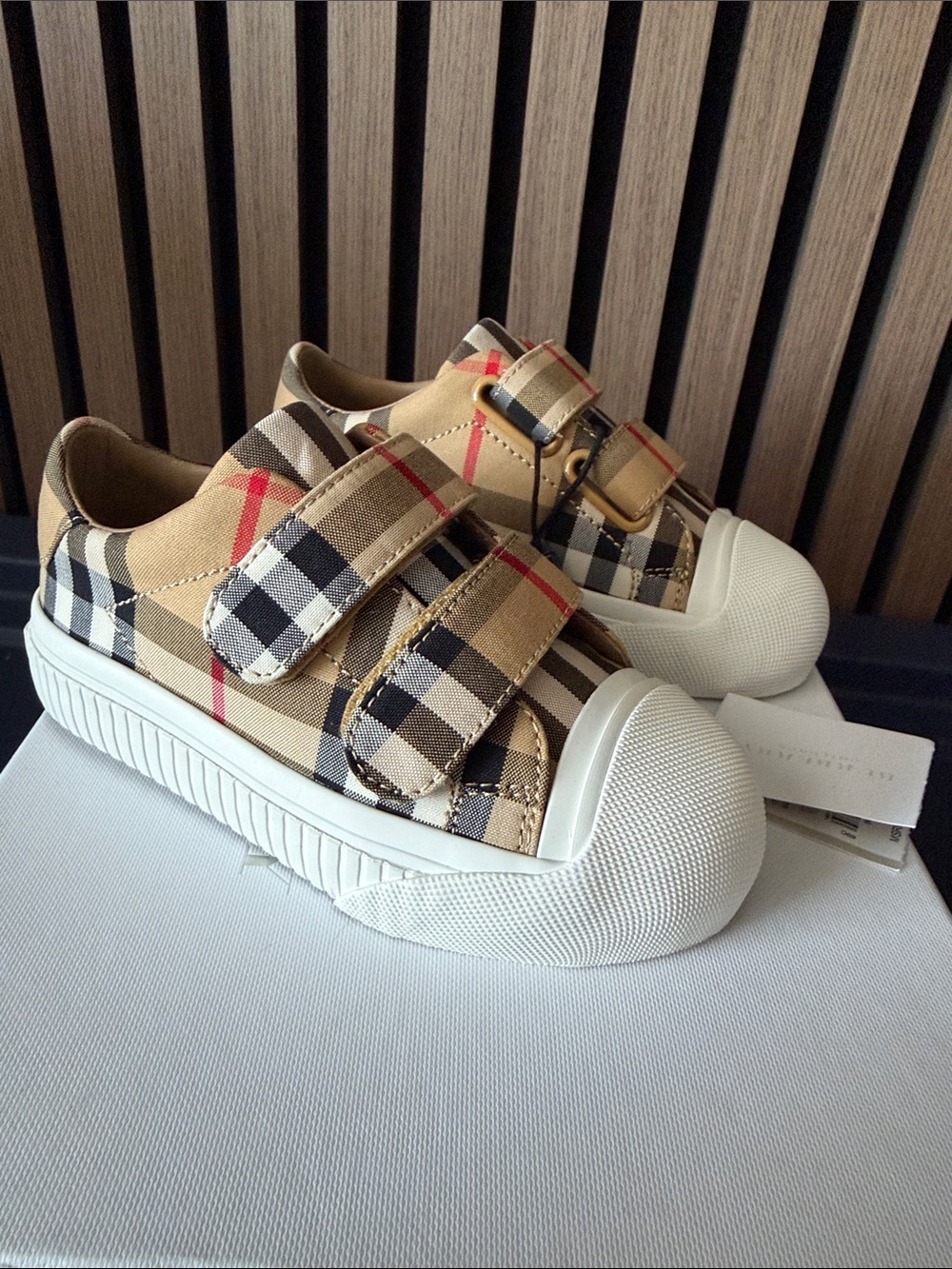 Kids Burberry Plaid Kids Sneakers with Velcro Straps - Beige